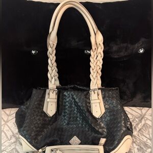 Simply Vera Vera Wang Woven Black and Tan Leather Tote with Braided Handles